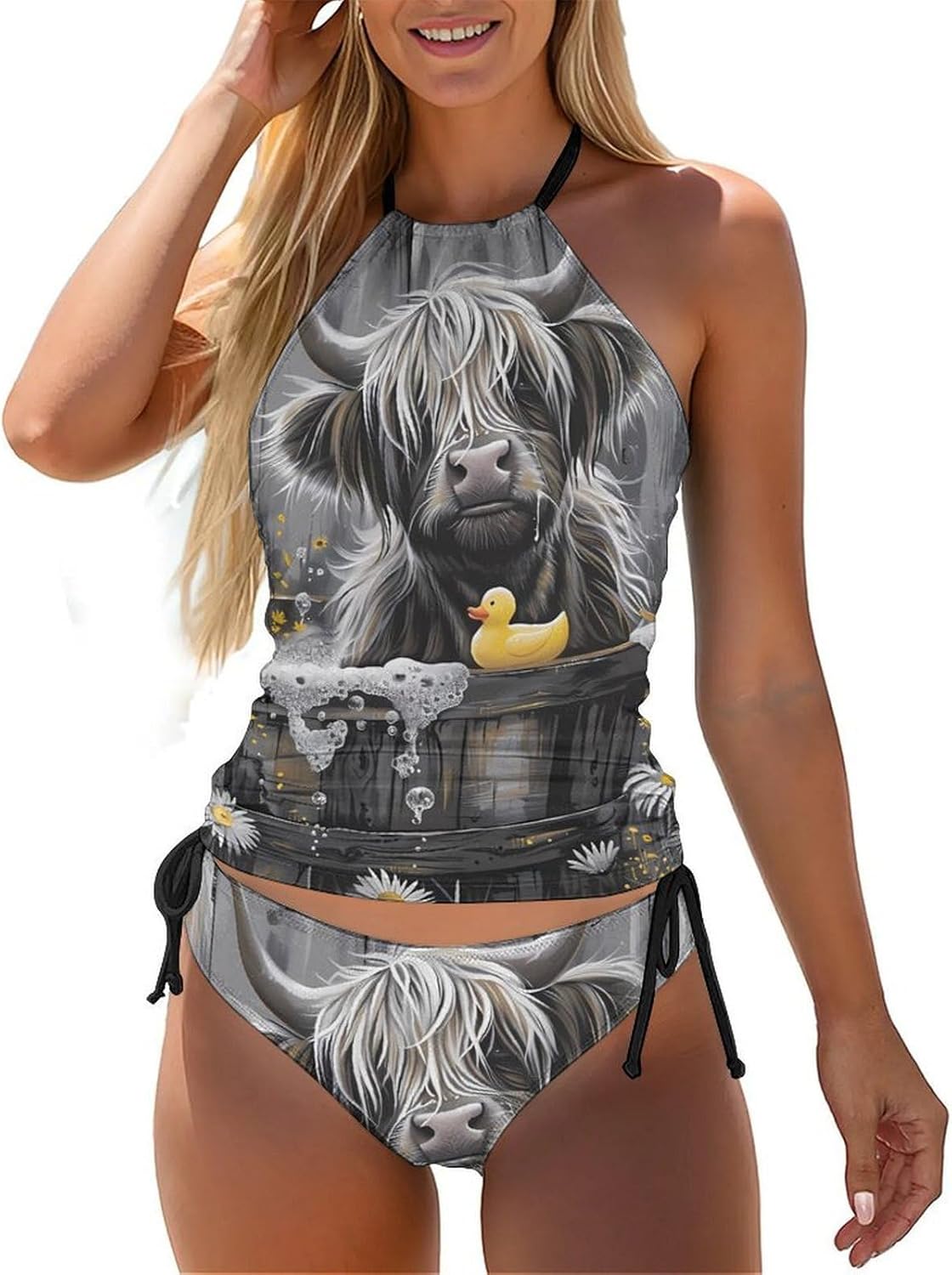 Highland Cow in Bathtub Rubber Duck Women's Tankini Swimsuit Two Piece Tummy Control Bathing Suits Tie String Swimwear