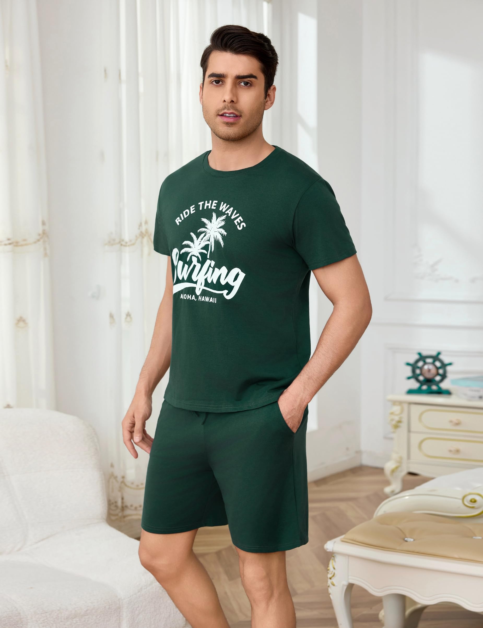 Bresdk Pigiama Uomo Estivo Corto Collo Rotondo Abbigliamento da Casa Pigiami Cotone Leggero Stampa a Lettere Camicia Maniche Corte con Pantaloncini 2 Pezzi