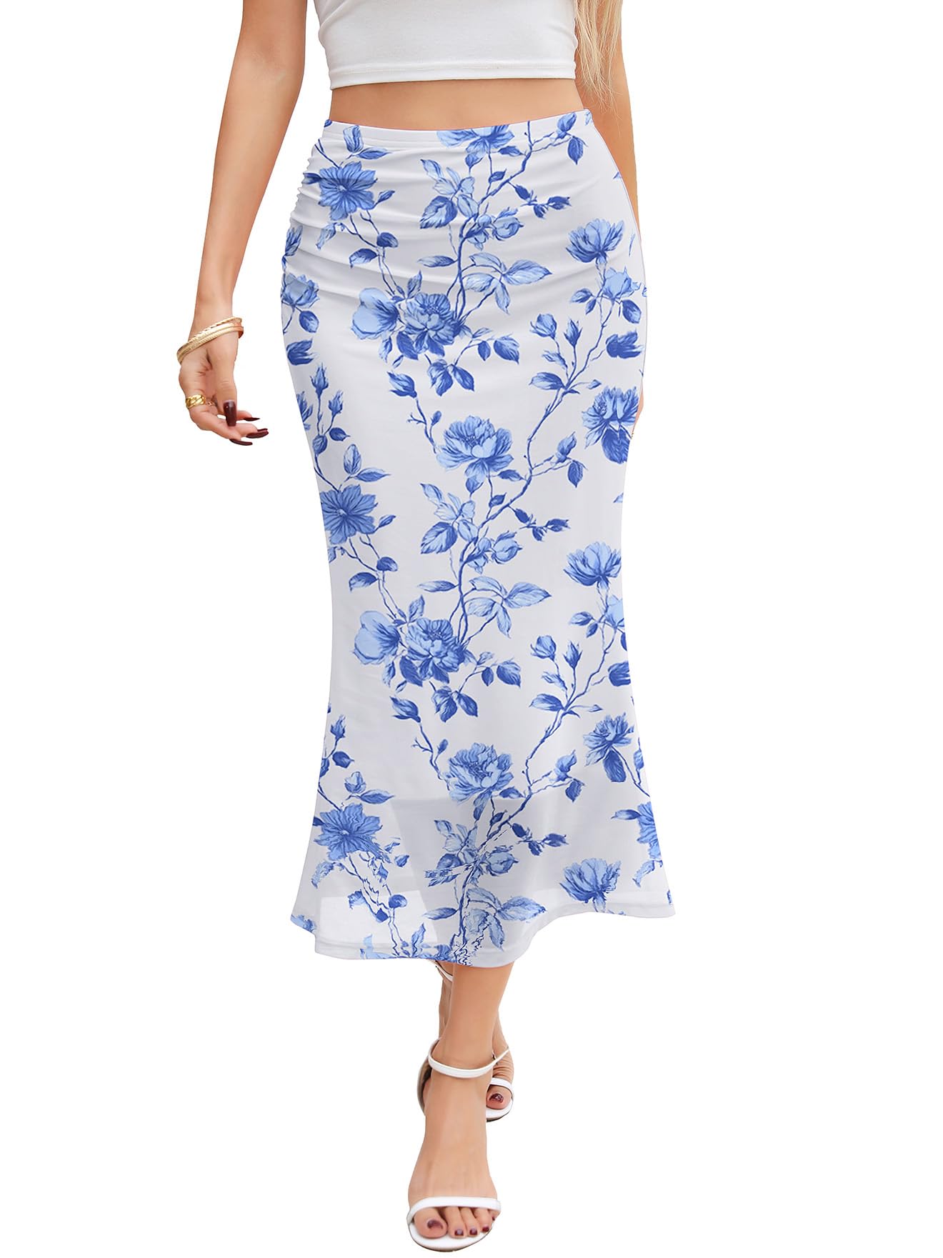 Womens Floral Mesh Midi Skirt Boho Y2k High Waisted Skirts for Spring Summer Fall Trendy