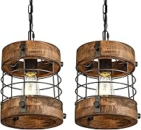 WOCHOS Retro Industrial Metal Wood Farmhouse Chandelier, 1-Light Round Cage Pendant Lights, Adjustable Chain, Brown 2-Pack for Kitchen Island Dining Room
