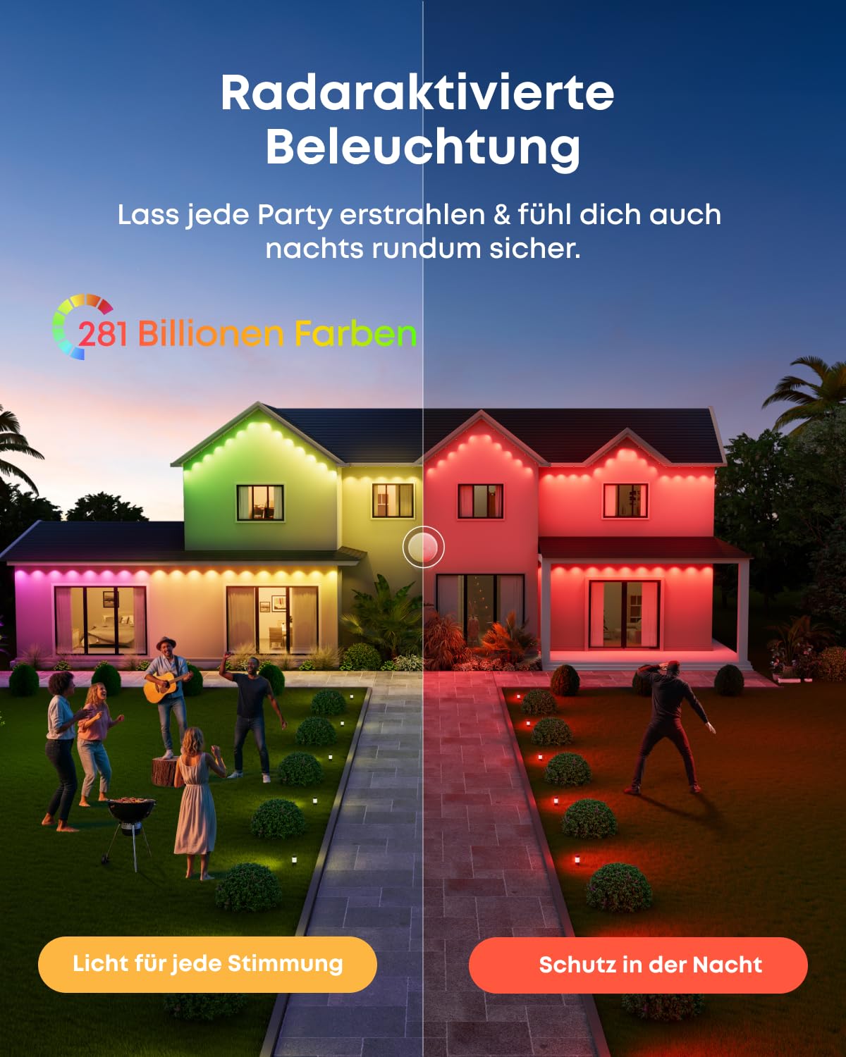 eufy Festinstallierte Outdoor-Lichterkette S4 – 30 m mit 72 LEDs, Radaraktivierte Beleuchtung, IP67 wasserdicht, KI-Stimmungslicht, Steuerung mit eufy-Kameras, Smart-RGBWW für Alltag & Feiertage