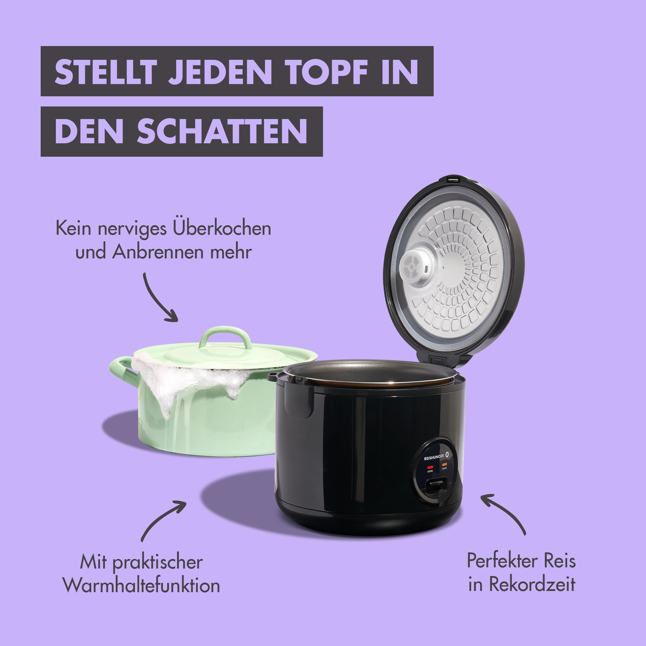 REISHUNGER Reiskocher Dampfgarer Keramikbeschichtung 1,2L Schwarz Warmhaltefunktion Dämpfeinsatz