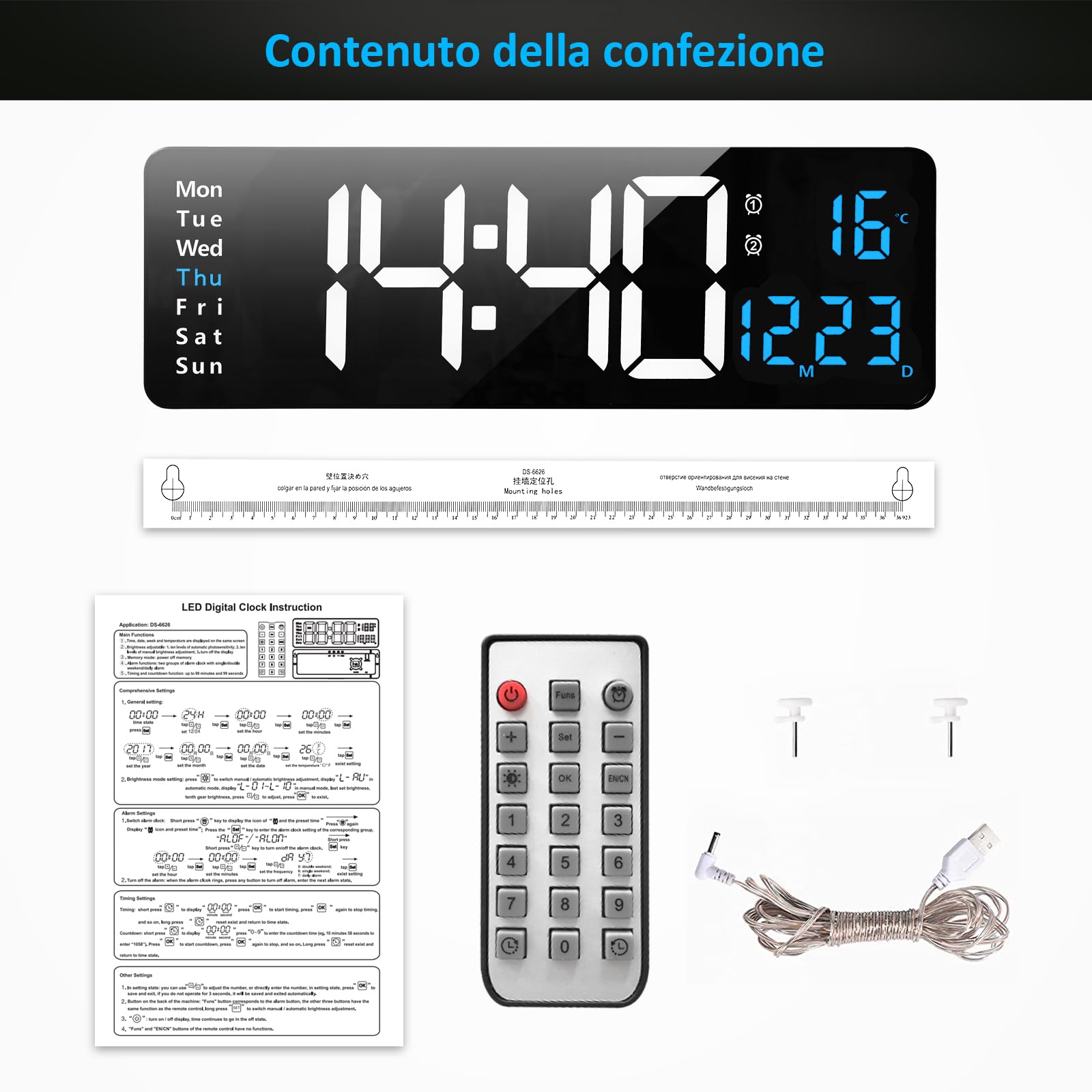 Orologio da parete digitale grande display, 16" orologio digitale con data di ora Temp settimana, timer, 12/24Hr, auto-dimming, per soggiorno/aula/palestra/chiesa/negozio/garage, blu