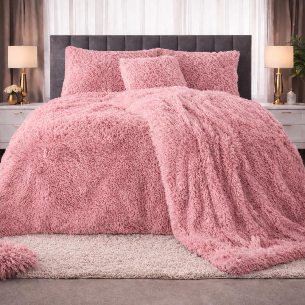 PARADISE STAR Teddy Bear Cuddles Fleece Duvet Cover Set – Alaska Luxury Faux Fur Bedding with Matching Pillowcases, Super Soft Warm Plush Winter Quilt Cover Bed (Pink, Double) — image 1