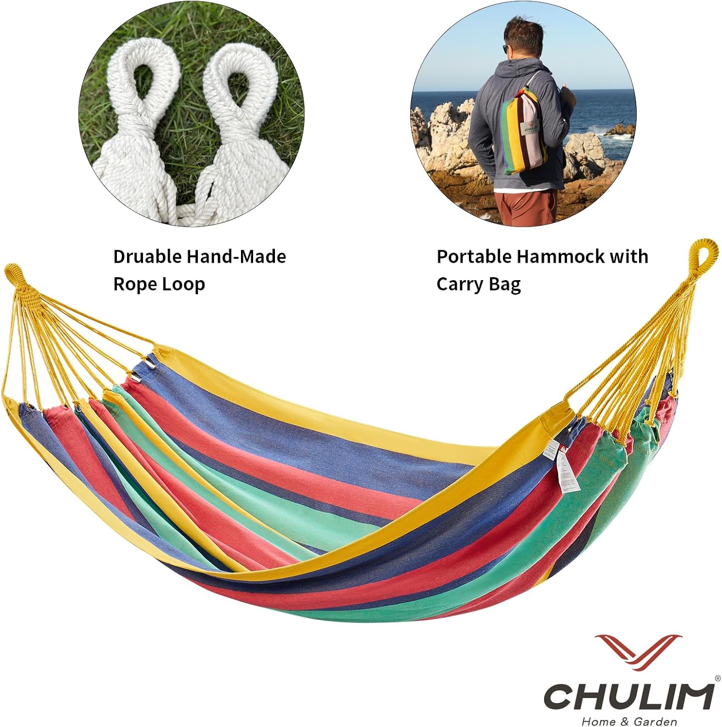 CHULIM Brazilian Double Hammock with Tree Straps,Extra Large 94x63IN,2 Persons Hammock for Backyard Patio Outdoor and Indoor,450lbs Weight Capacity,Soft Woven Cotton Fabric - Aqua Bule Stripe