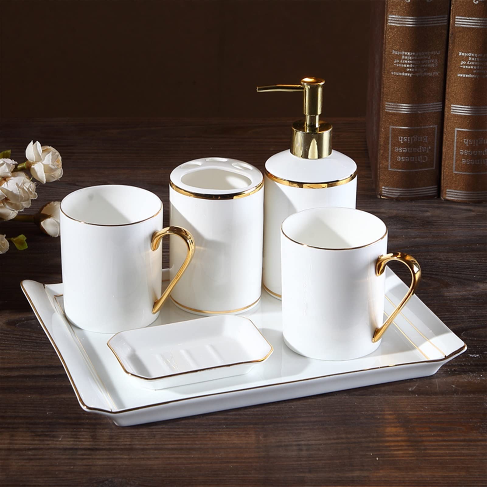 Zestaw akcesoriów łazienkowych z tacą ceramiczną Klasyczny złoty brzeg Porcelana kostna Łazienka 6-częściowy zestaw przyborów toaletowych Zestaw wyposażenia łazienki Kubek toaletowy do płukania ust