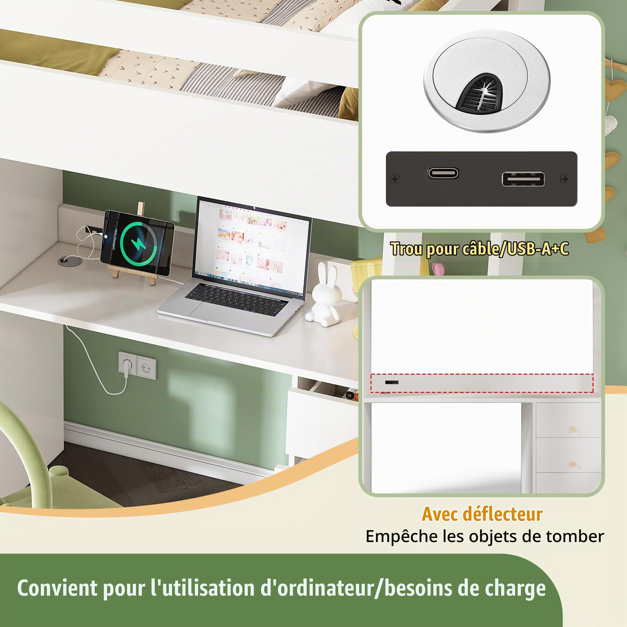 Zepneiy Lit Mezzanine 1 Place avec Bureau USB, lit Mezzanine Enfant avec Armoire et classeur, Lit Superposé Enfant 90x200 avec à Lattes et Espace de Rangement, Blanc (sans Matelas)