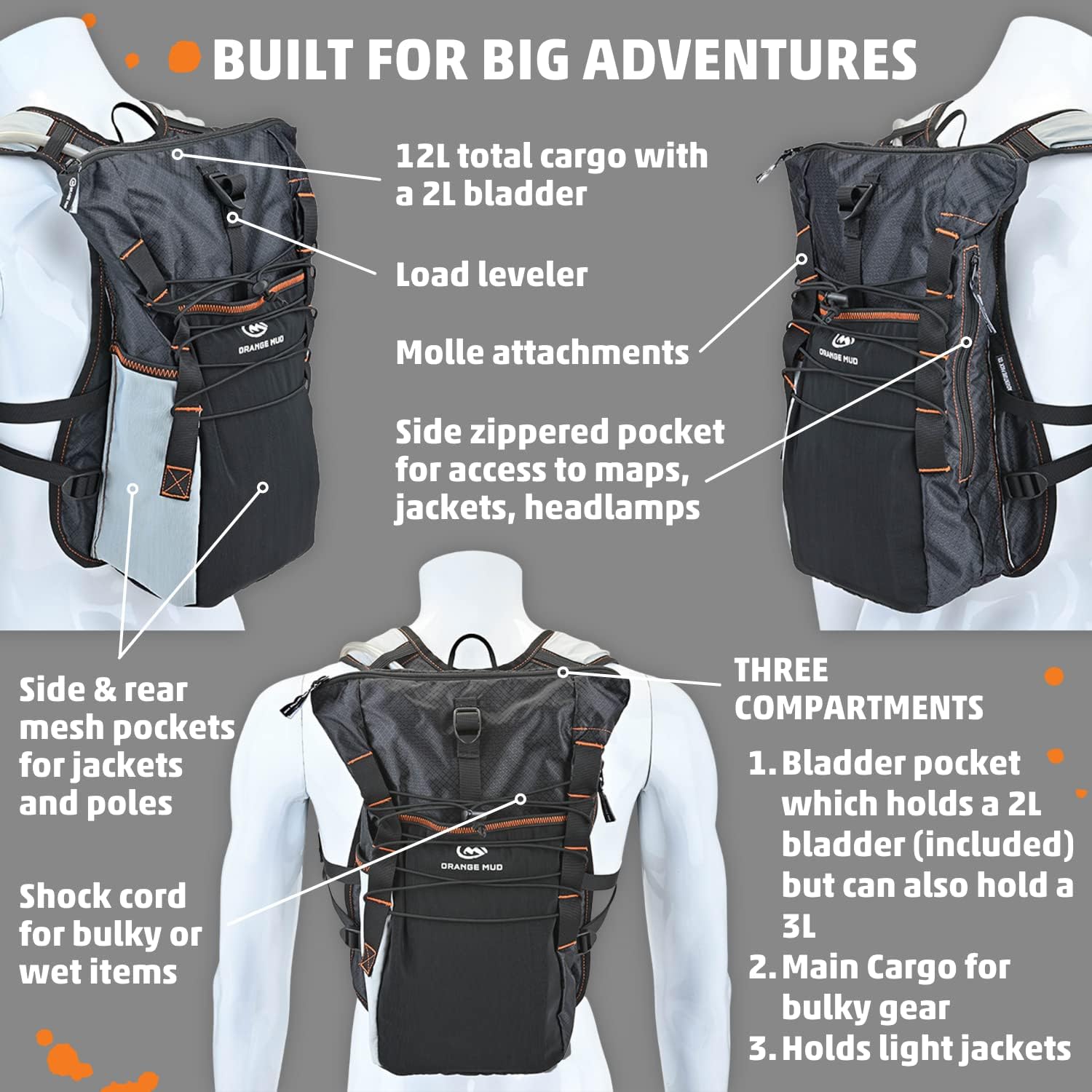 Orange Mud Adventure Pack 12 L 3.0 – Hydration Backpack with 2 L Bladder Included – Trail Running, Hiking, Mountain Biking & Multi‑Sport Adventure Gear Pack