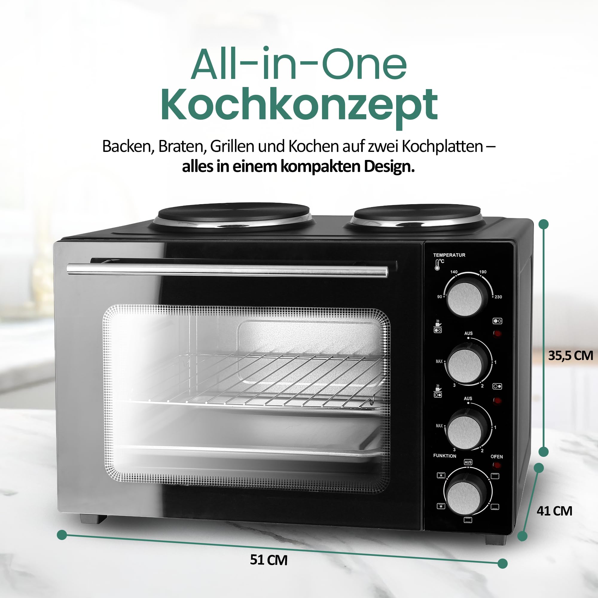 EMERIO Backofen mit 32 Litern + 2 Herdplatten | Umluft + Ober-/Unterhitze | Timer + Temperaturregler | inkl. Backblech & Grillrost | kompakter Tischofen für Pizza, Brötchen, Aufläufe | MO-125236.4