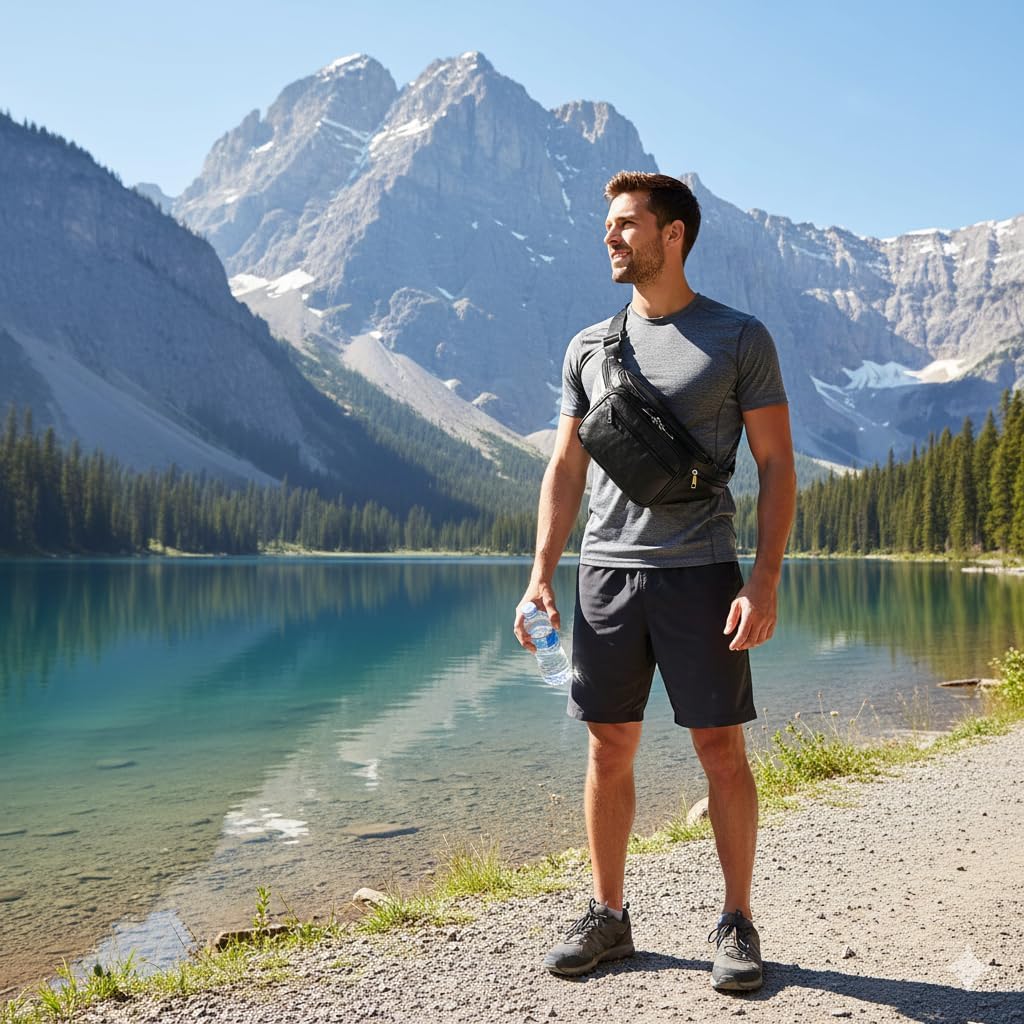 Genuine Leather Large 7 Pocket Waist Pack with Organizer, Card Slots (Black) - Image 9