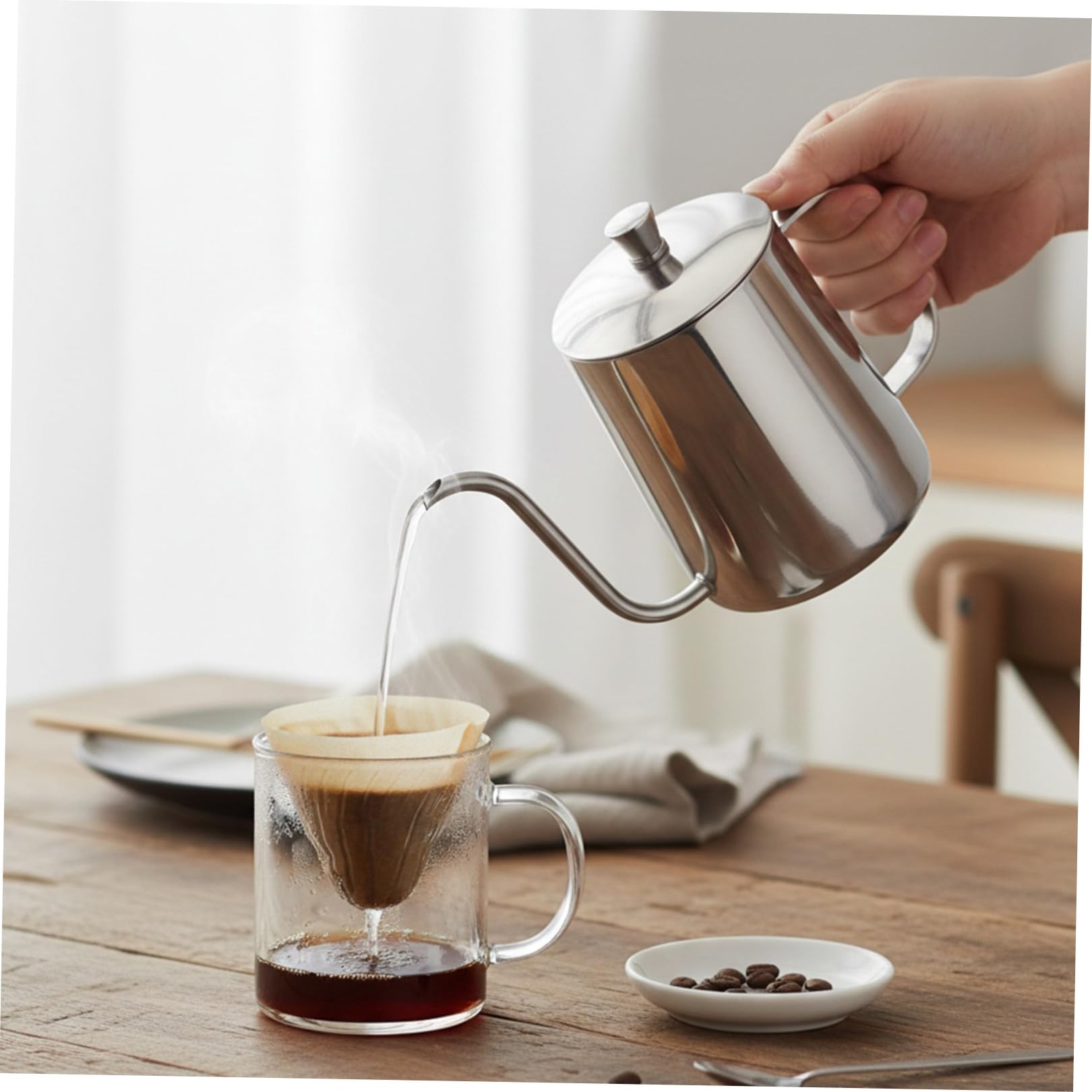 OUNONA Handtropfkessel aus Edelstahl 600ml mit Langem Ausguss und Deckel Silberner Schwanenhals Wasserkocher für Kaffee und Teeliebhaber im Büro Stabiler Wasserfluss Einfache