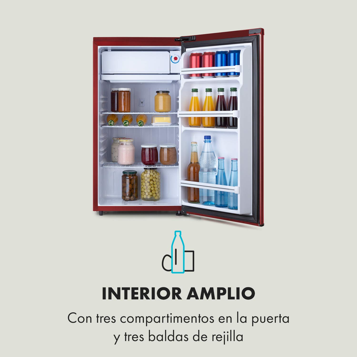 KLARSTEIN Yummy Refrigerador con compartimento congelador,R600a, 42 dB, 1 x estante de rejilla, incluye bandeja de goteo, 90 L, compartimento congelador: 8 litros, refrigerador: 90 L, rojo