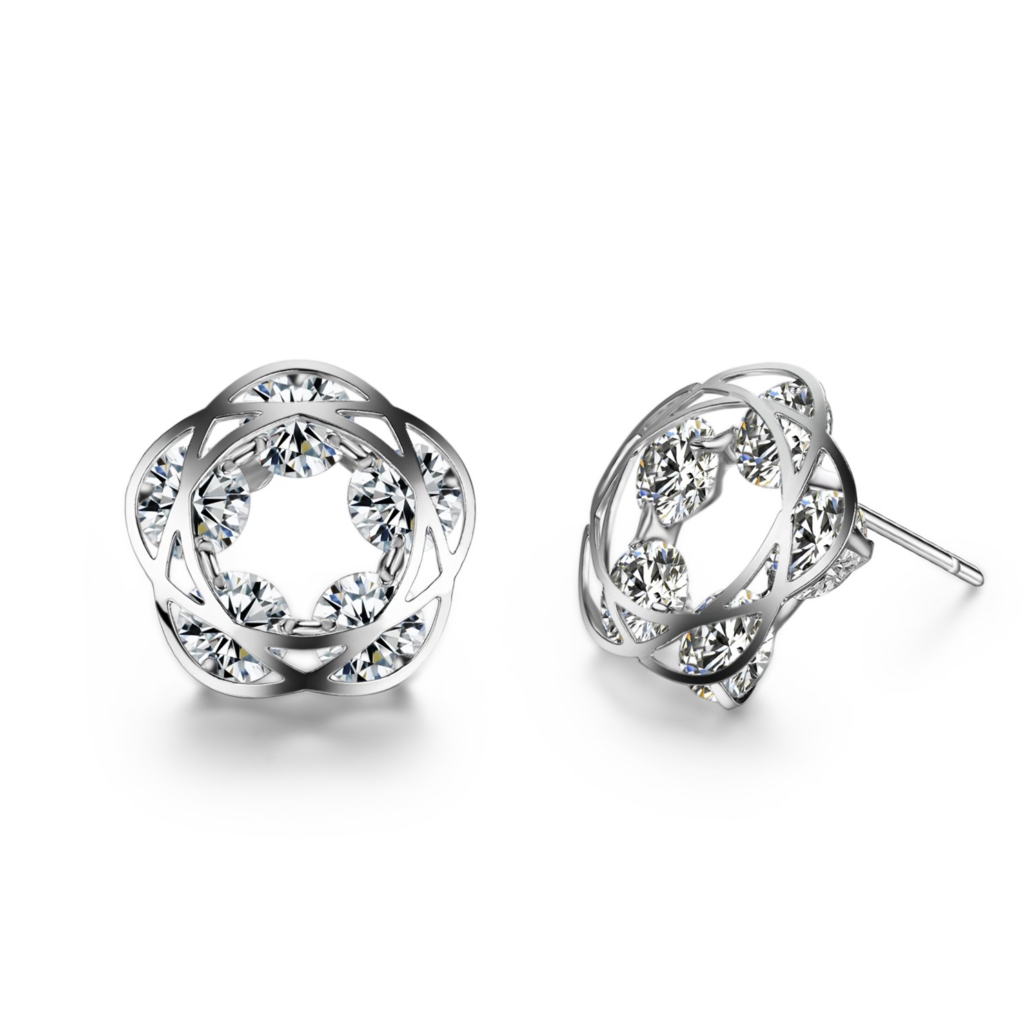 SBLING 18K White Gold Plated Cubic Zirconia Flower Stud Earrings (6.25cttw)