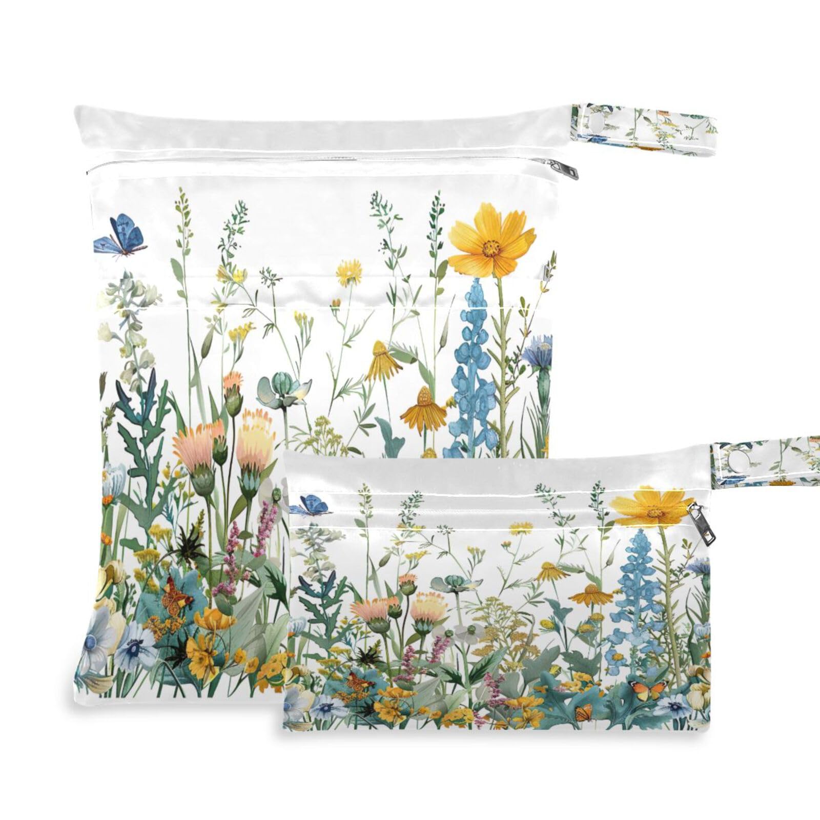 ATTX Colorful Herbs and Flowers Wet Dry Bags 2-Pack - Reusable Cloth Diaper Storage for Travel, Beach & Gym | Multi-Use Waterproof Bags for Swimsuits, Baby Clothes, Sports Gear#88