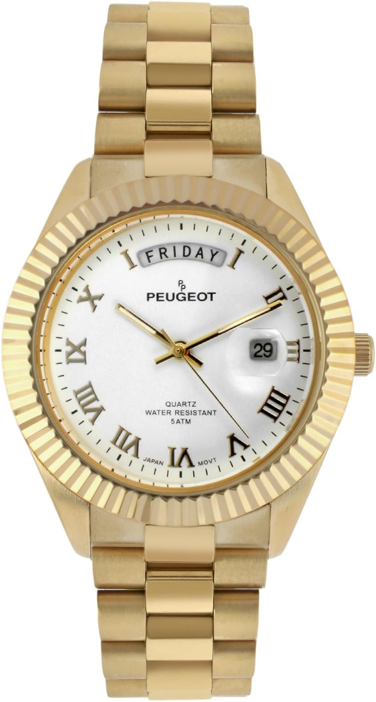 Peugeot 14K All Gold Plated Big Face Luxury Watch with Day Date Windows, Roman Numerals & Coin Edge Fluted Bezel Watch