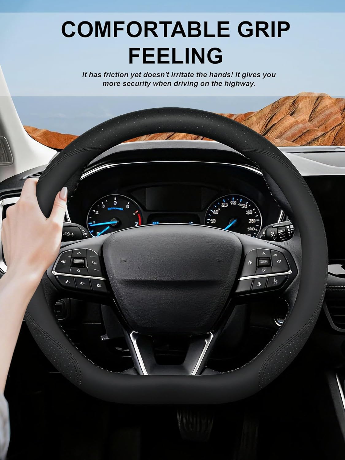 Flat Bottom Steering Wheel Cover for Ford Escape, D-Shaped Anti-Slip Custom Fit Car Steering Wheel Grip for Escape 2019-2025 ST-Line Breathable Leather (Black)