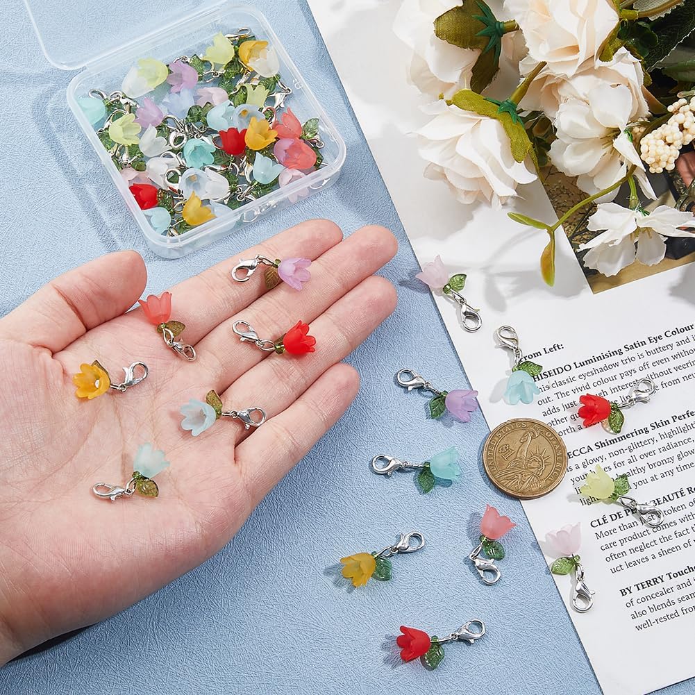50Pcs 10 Colors Acrylic Flower Pendants Lily Floral Charms Valley Bell Flower Charms Bag Charms with Alloy Lobster Claw Clasps for Knitting DIY Earrings Necklace Jewelry Craft - Image 3