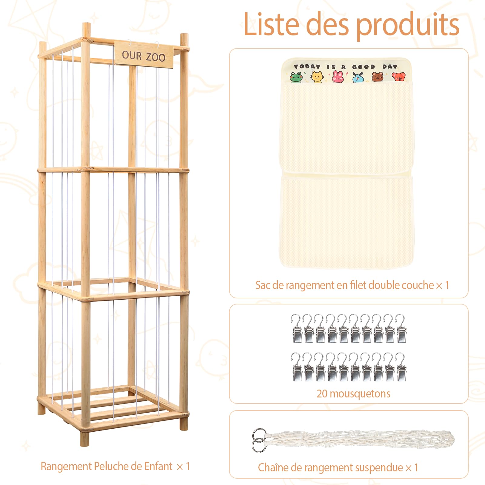 Rangement Peluche de Enfant, Range Peluche en Bois Gain de Place,Grande Capacité,136*40*40CM Plush Storage Tower Rangement Jouet Enfant pour Chambre à Enfants, Salle de Jeu, Chambre à Coucher‌, Salon