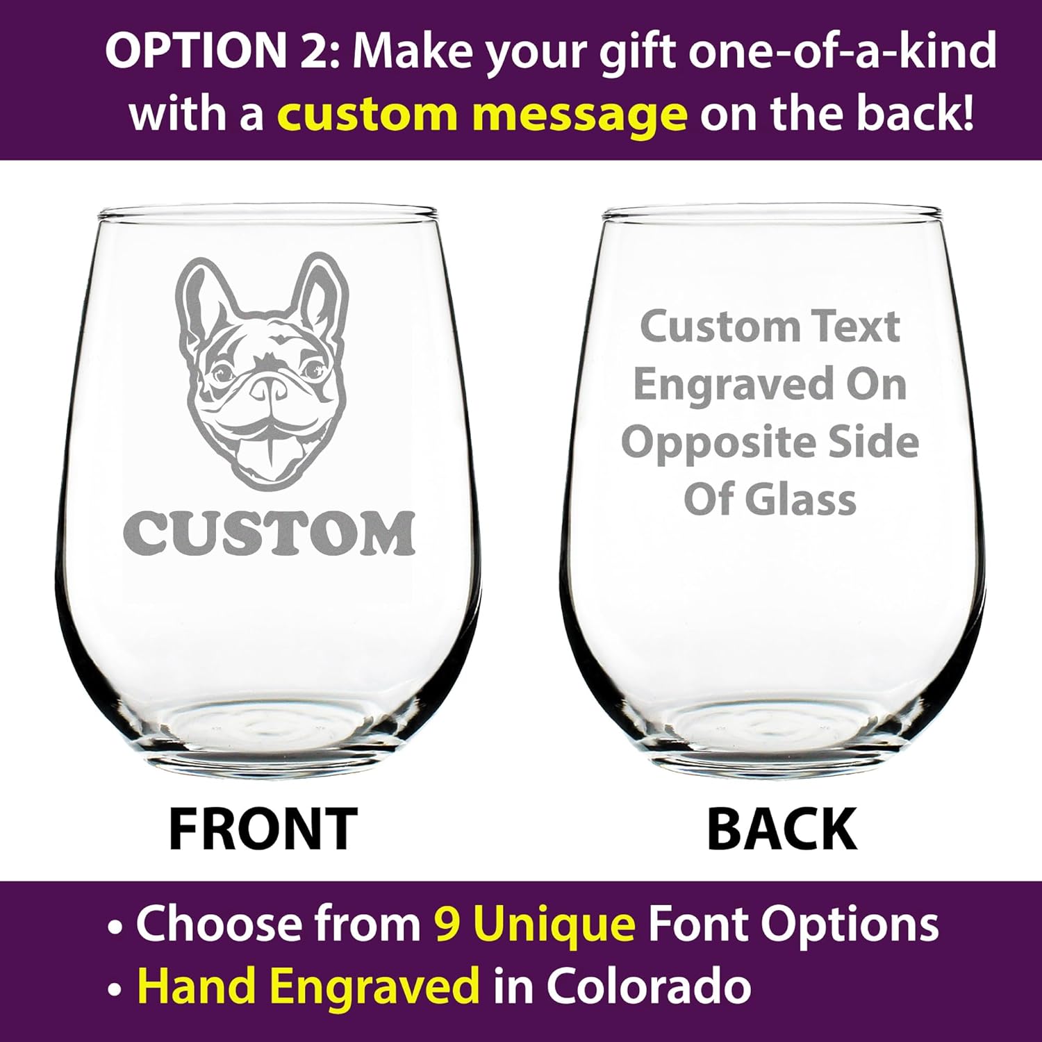 Custom Happy Frenchie - Stemless Wine Glass - Cute French Bulldog Themed Gifts or Party Decor for Women and Men - Large Glasses - Customized Glasses