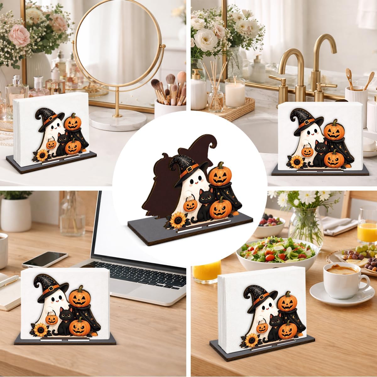 Fall Halloween Decor Ghost Pumpkin Wooden Napkin Holder for Table Spooky Ghost Wood Napkin Dispenser Fall Halloween Decorations for Home Kitchen Dining Room Napkins Tissue Holder