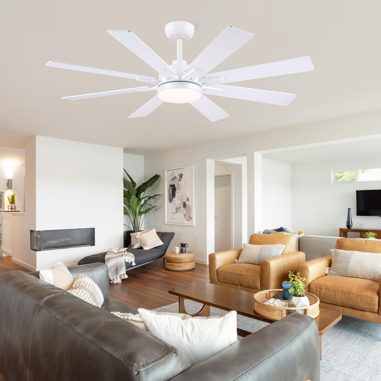 Kviflon Deckenventilator mit Beleuchtung Leise 132 cm, Deckenventilator mit Licht und Fernbedienung und App, Led Deckenventilatoren für Schlafzimmer Wohnzimmer, DC Motor, 8 Holz Flügel, Weiß