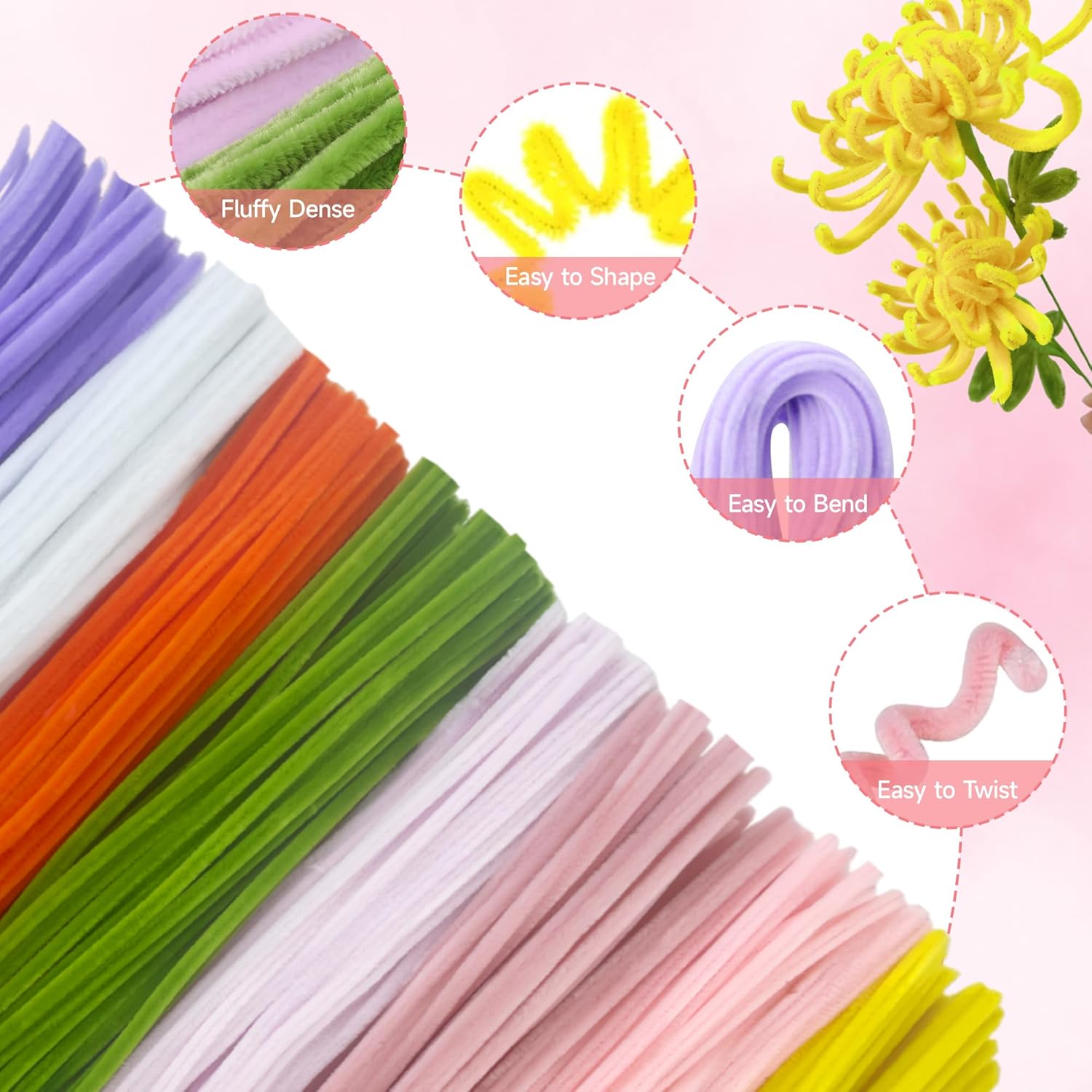 Yiheini 800 PCS Pipe Cleaners Craft with Handle, Pipe Cleaner Flower Kit, 8 Colors Flowers Making Kit with Chenille Stems, Floral Wires, Gardening Tape, Stamen, Ruler, Floral Wrapping Paper & Ribbon