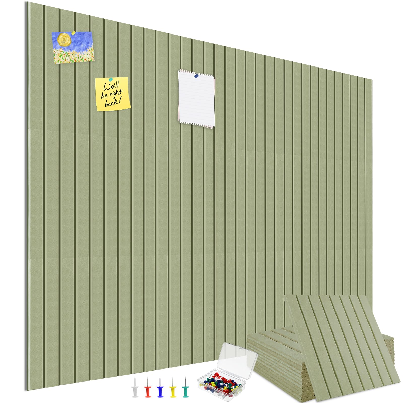 Thboxes Large Cork Board Alternative 48" x 36", 12-Pack Pin Board with 60 Pushpins, Notice Boards Felt Bulletin Boards Tiles for Walls Office Decor Organizer, 70 Adhesive Tabs Included - Sage