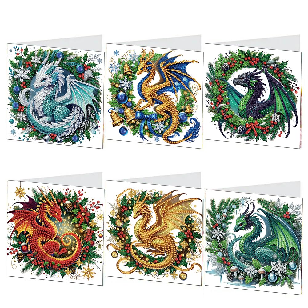 Generic 6 Piece Christmas Cards Diamond Painting,Christmas Diamond Painting Set,Diamond Painting Cards with Blank Envelope,5D DIY Diamond Painting Christmas Cards Gift Dragon