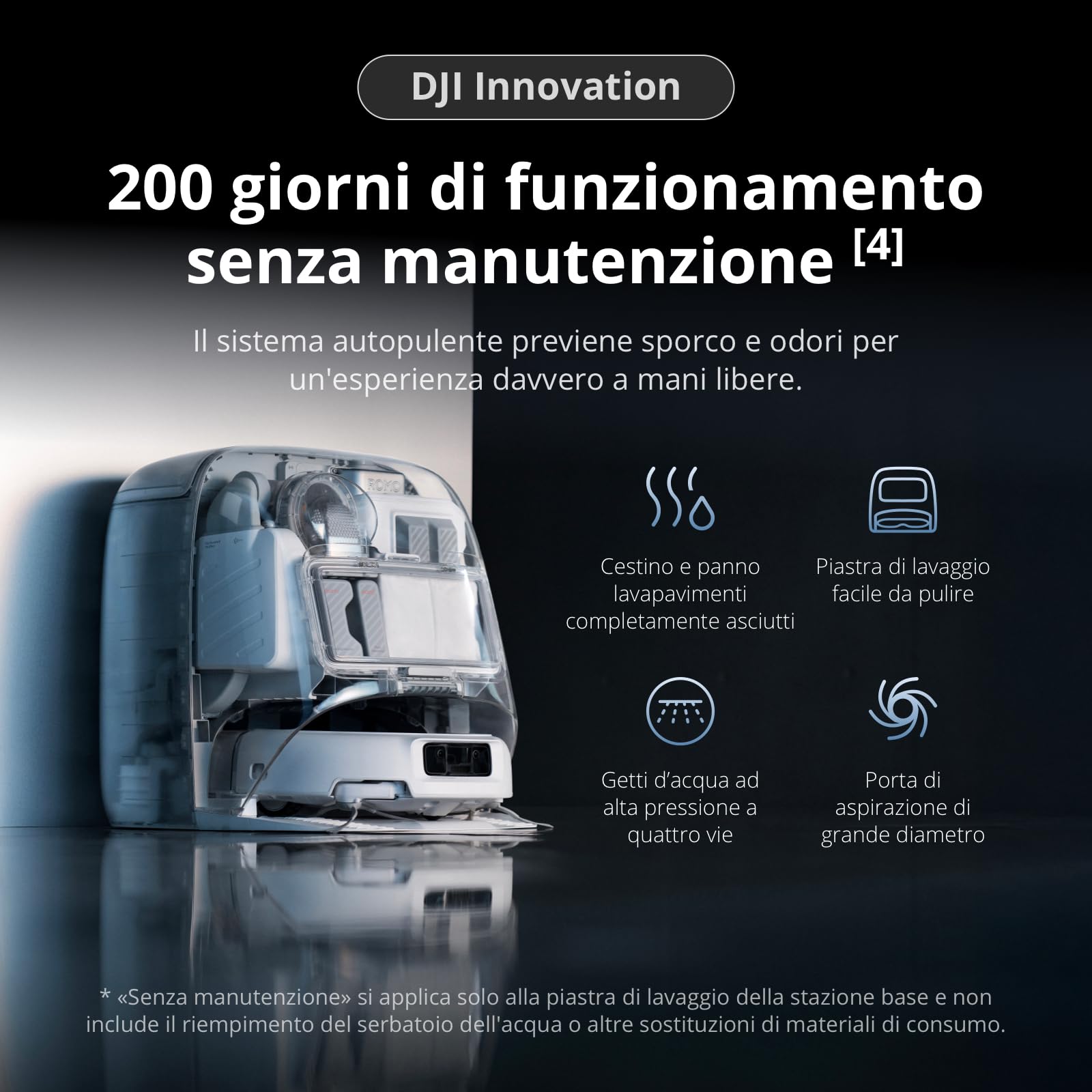 DJI ROMO P robot aspirapolvere e lavapavimenti con design trasparente, aspirazione da 25.000 Pa, rilevamento a livello di drone, senza manutenzione per 200 giorni, lavaggio personalizzabile