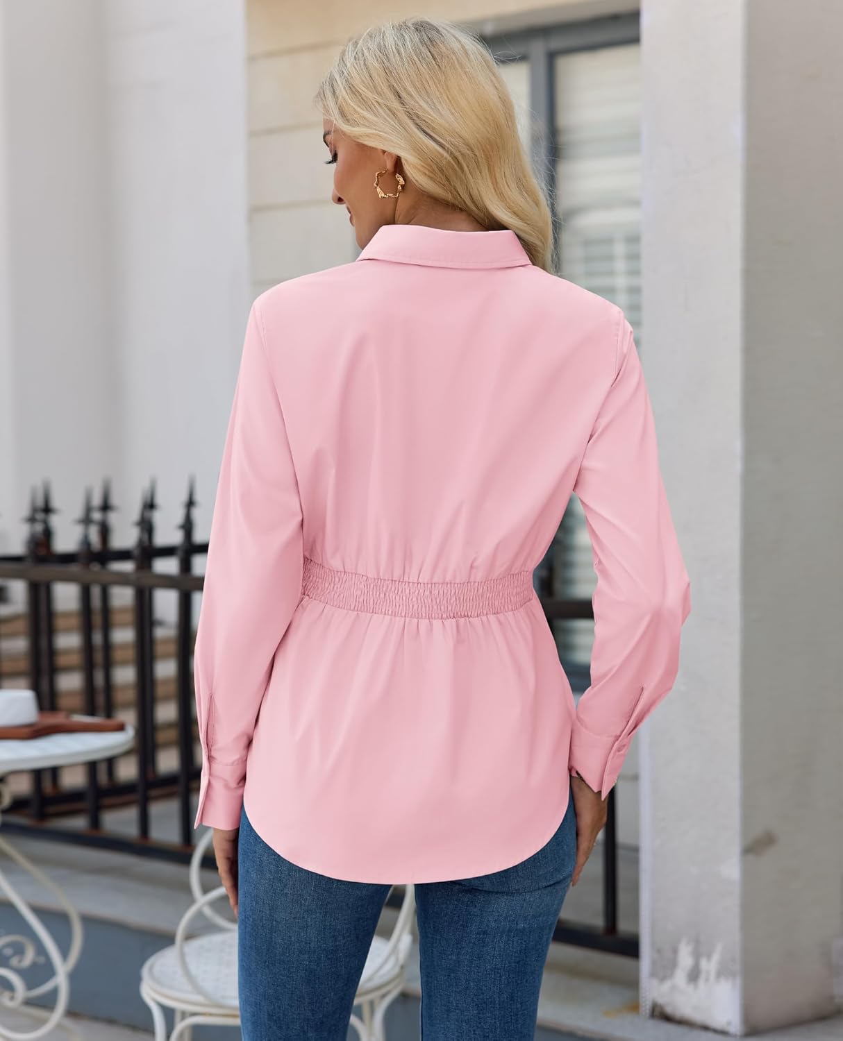 siliteelon Button Down Shirts for Women Cinched Waist Dress Shirt Cotton Long Sleeve Business Casual Work Office Blouse - Image 4