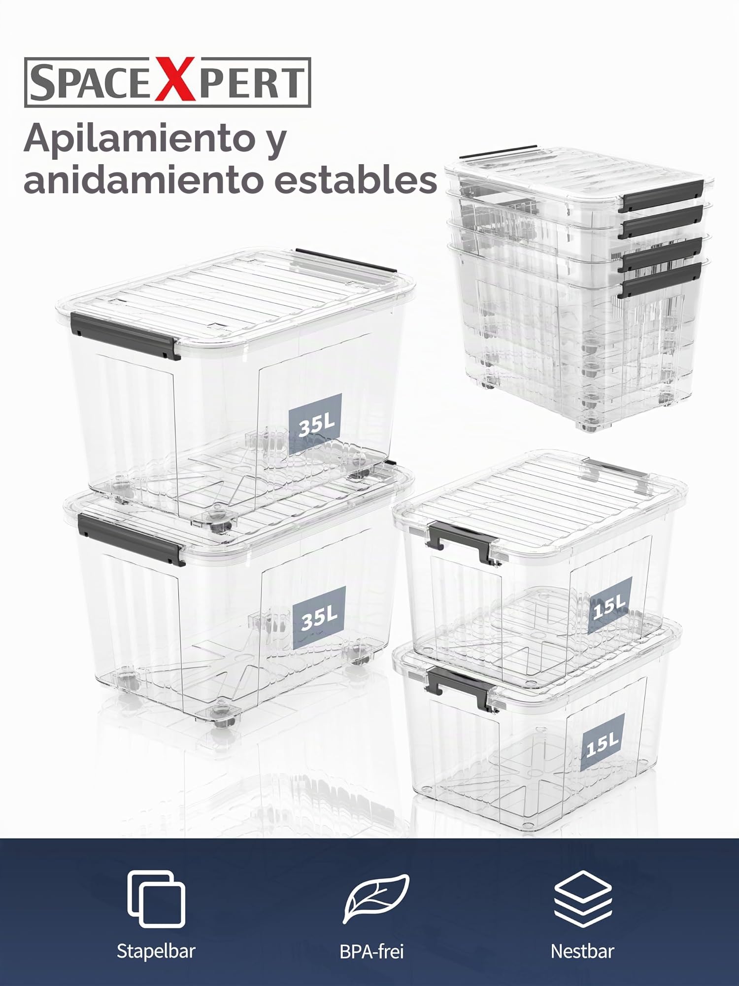 Cajas de Almacenamiento de Plástico con Tapa, Diseño Rayado 15L, Contenedor Apilable Resistente para Hogar, Oficina y Garaje, Transparente de PP, Organizador Versátil, 15L (Paquete de 4)