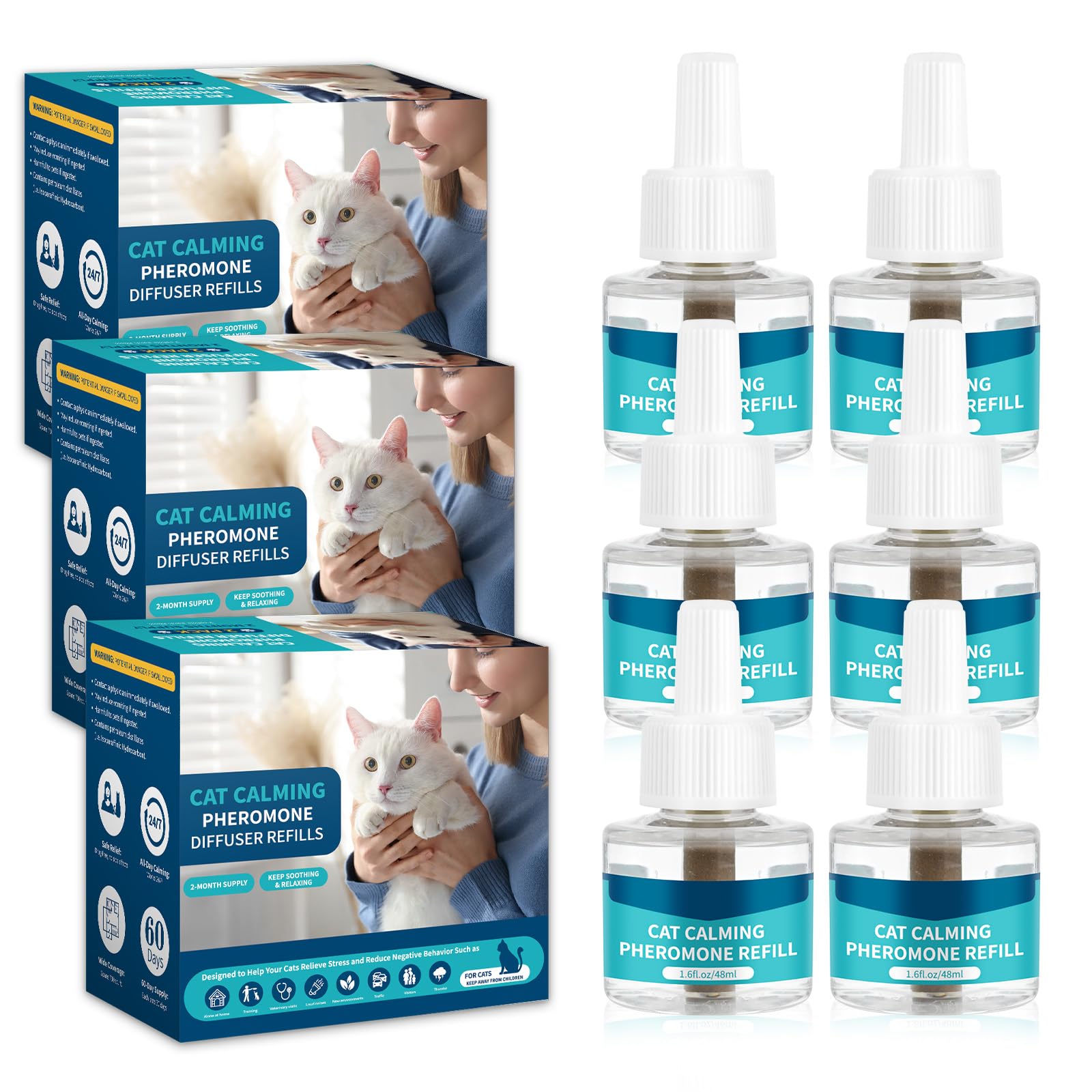 VICSOM 6 Recambios Calmante Feromonas para Gatos, Compatible con Difusores Comunes, Kit Difusor Feromonas Gatos 180 Días para Estrés, Relajación y Ansiedad, para Gatos y Gatitos (48 ml por Recarga)