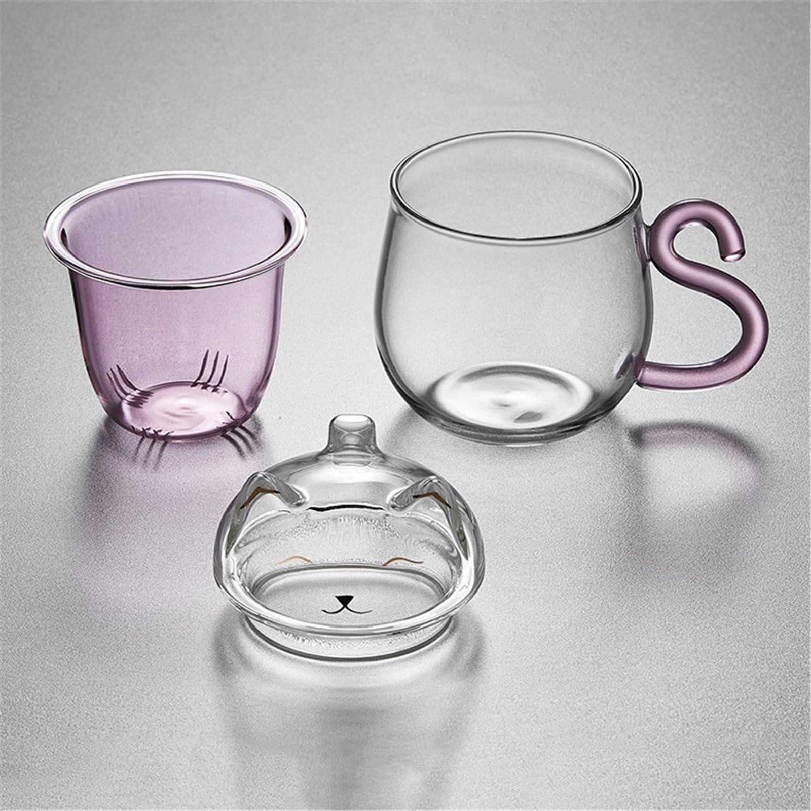 Trinkglas Transparenter, doppelwandiger Kaffeebecher mit Deckel, 473 ml (16 oz), niedlicher, katzenförmiger Borosilikatglasbecher rosa Henkel