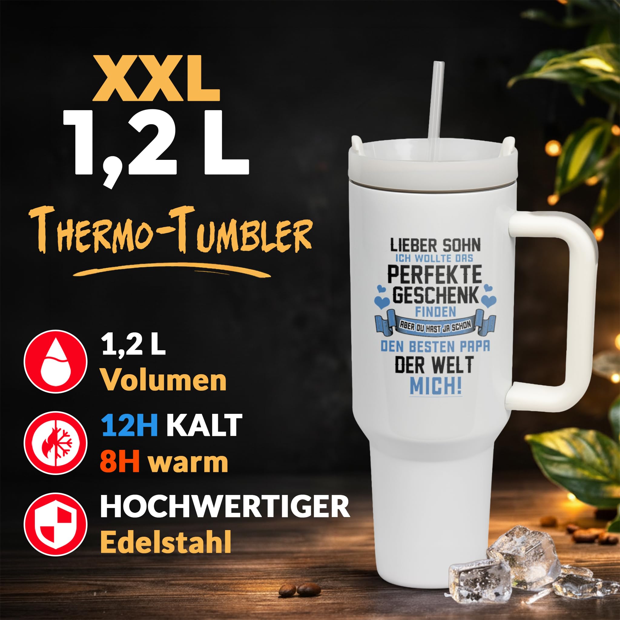 XXL Thermobecher für Sohn – Geschenk zum Geburtstag & Weihnachten – Edelstahl Trinkflasche, Weiß mit Lustigem Spruch vom Papa (WIEDERVERWENDBAR)
