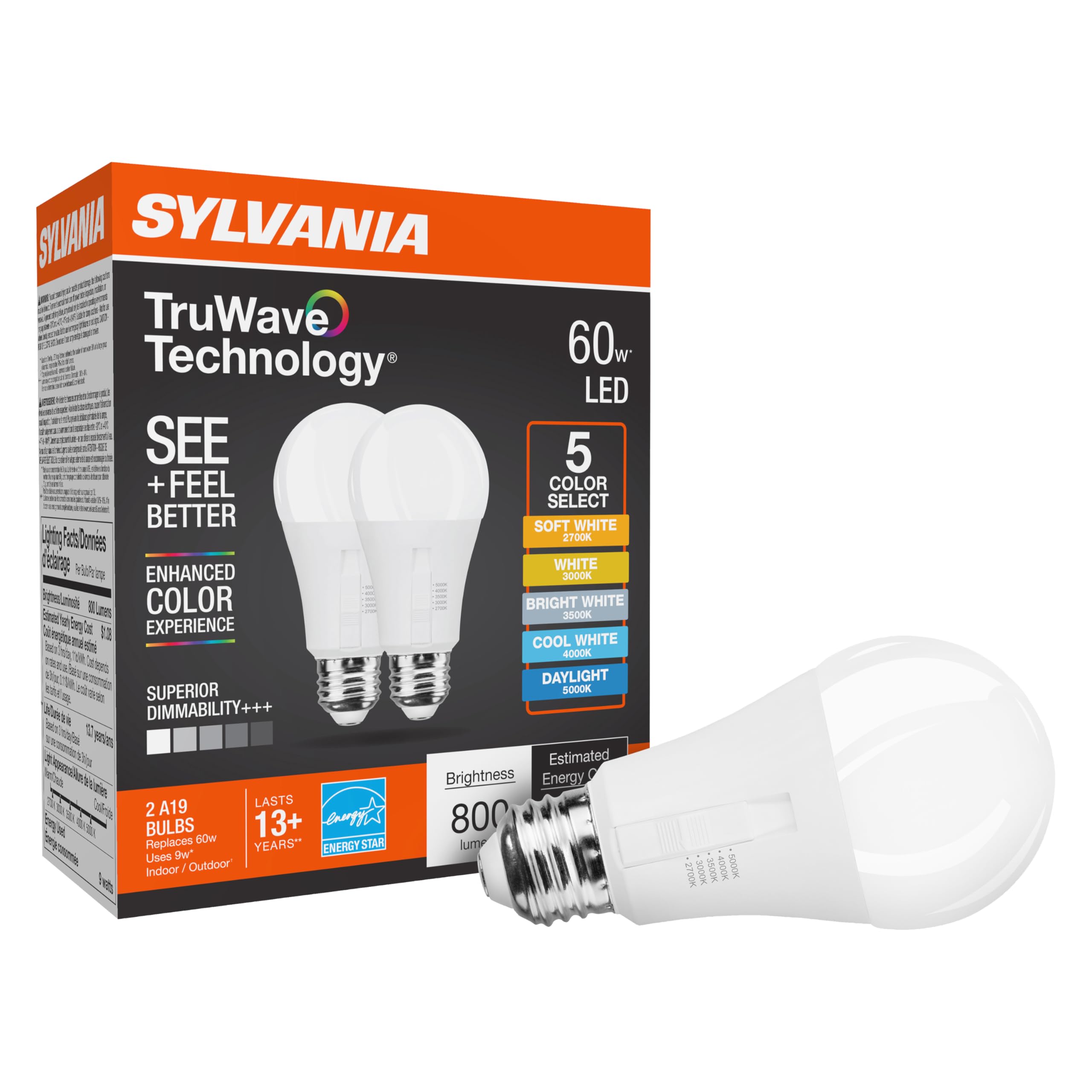 Sylvania TruWave A19 LED Light Bulb, 9W = 60W, 5 CCT Select 2700
