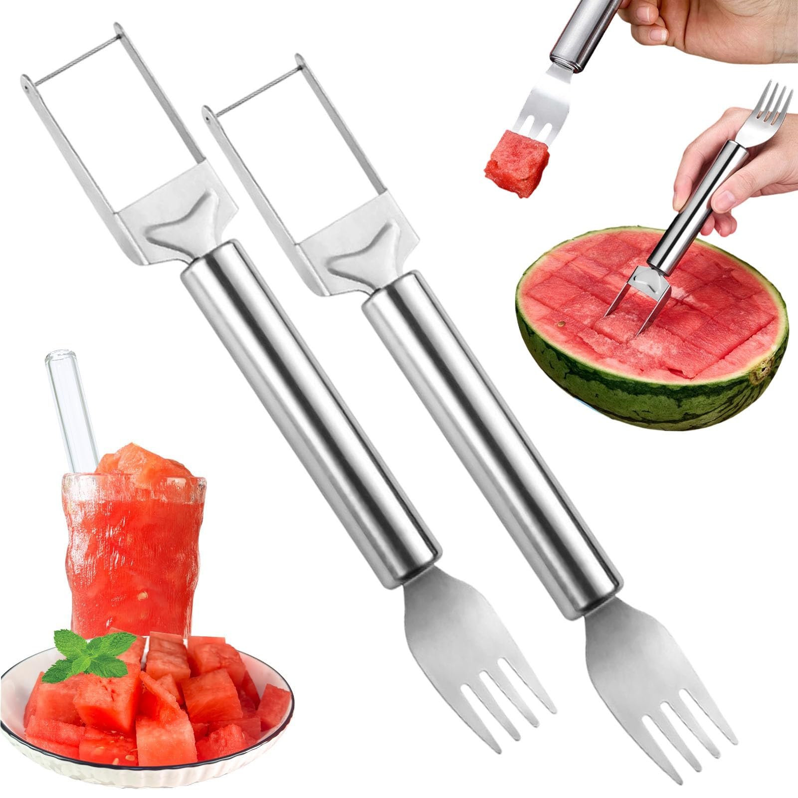 Narzędzie do krojenia arbuza, nóż ze stali nierdzewnej 2 w 1 z widelcem, przenośny gadżet do cięcia melona na grill, imprezę, kemping, do kuchni, idealne kostki do łatwego serwowania