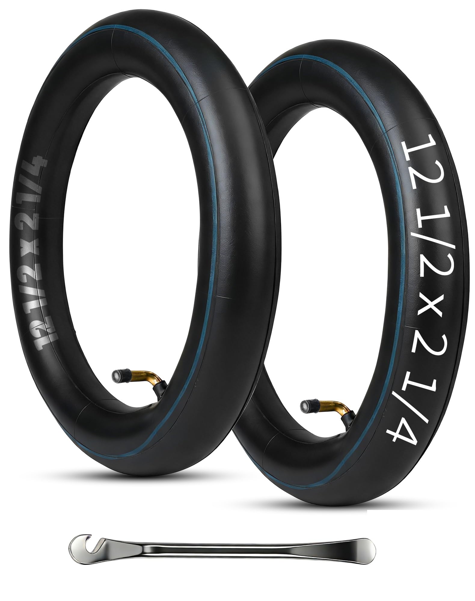 2 x dętka 12 1/2 x 2 1/4 z zaworem kątowym 90°, wąż 12 cali (57-203), w zestawie dźwignia montażowa do wózków dziecięcych, rowerów trójkołowych, rowerowych, wewnętrznych dętek rowerowych
