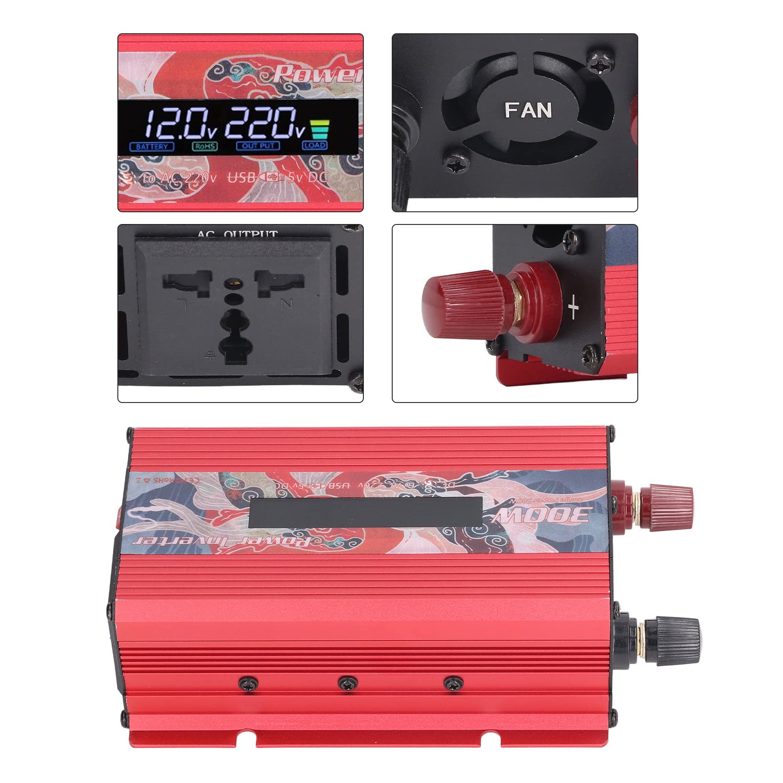 Samochodowy Przetwornica Napięcia 300 W Przetwornica Sinusoidalna ze Stopu Aluminium DC 12 V na AC 220 V z Wyświetlaczem LCD USB 2 A i Wentylatorem Chłodzącym do Podróży Samochodem Kemping