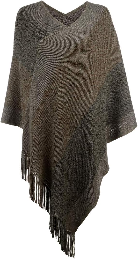Women's Elegant Knitted Shawl Poncho with Fringed V-Neck Striped Sweater Pullover Cape Gifts for Women Mom