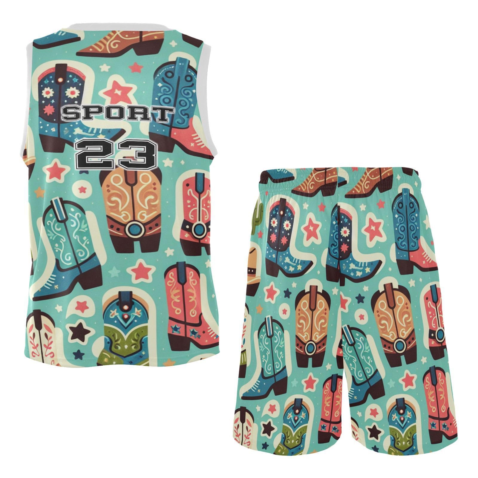 FLildon Cute Boots Cowboy Boys Basketball Jersey Set Tank Top Shorts Tracksuit Sport Training Suit for Kids, M