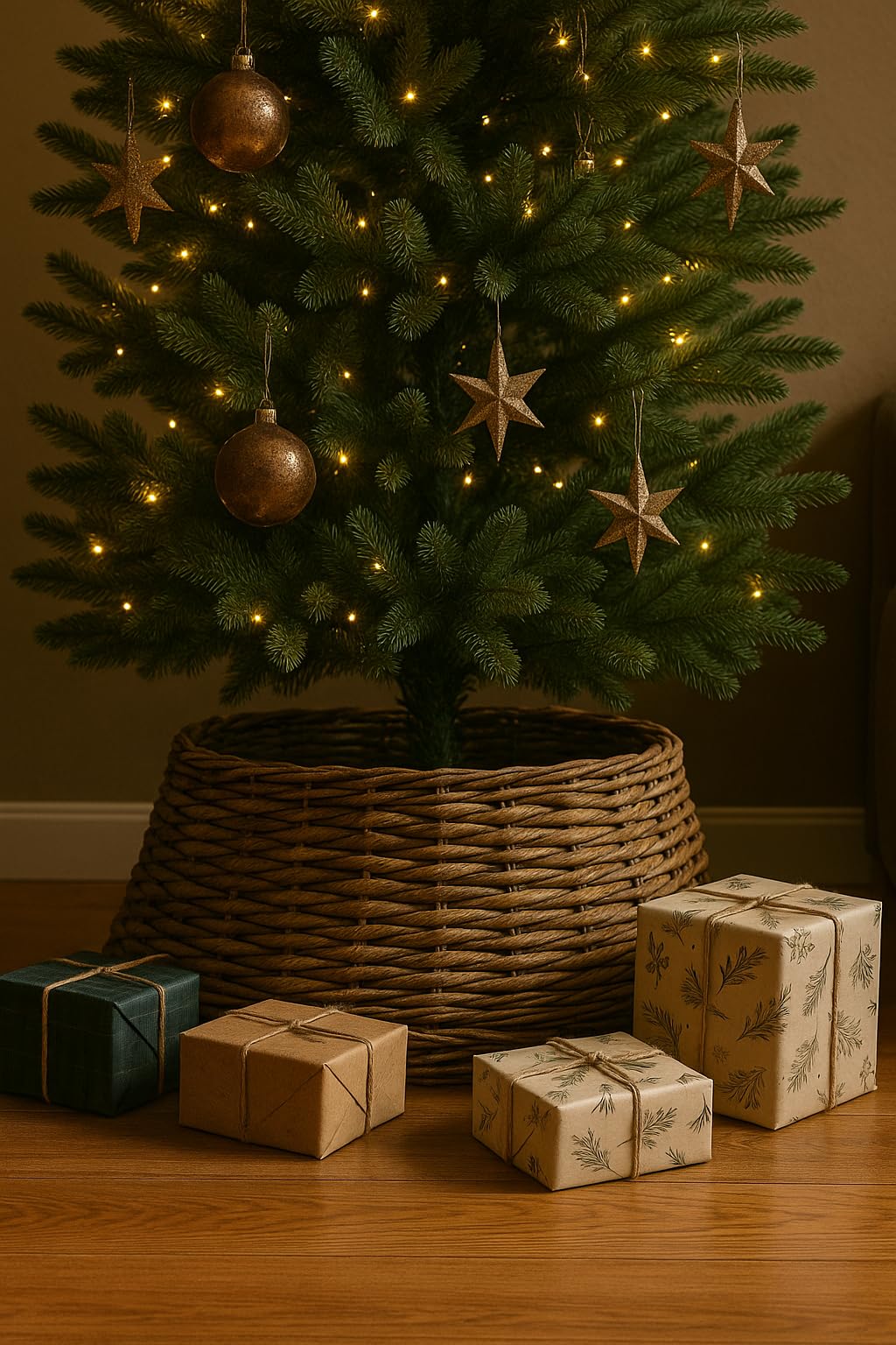 Jupe de sapin de Noël en osier et roseau - Original | ø 60 x 26 cm | Panier de sapin de Noël | Base de sapin de Noël | Décoration de Noël | Pied en osier | Jupe de sapin de Noël | Marron