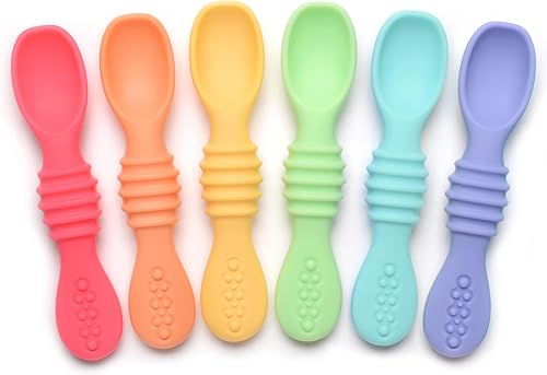 PrimaStella Juego de cucharas masticables de silicona para bebés y niños pequeños, seguridad probada, sin BPA, apta para microondas, lavavajillas y