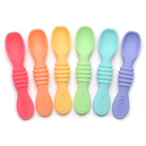 PrimaStella Juego de cucharas masticables de silicona para bebés y niños pequeños, seguridad probada, sin BPA, apta para microondas, lavavajillas y