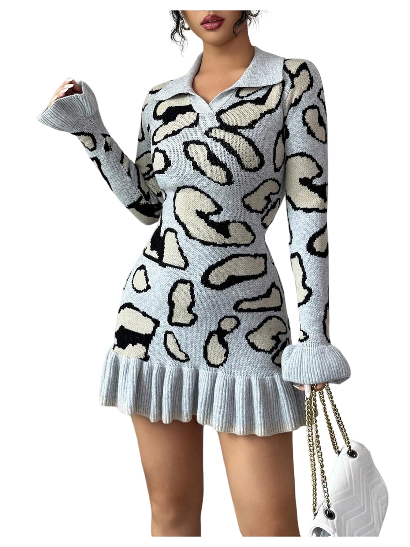 RoseSeek Women's Leopard Print Sweater Dress Cheetah Ruffle Hem Mini Dress