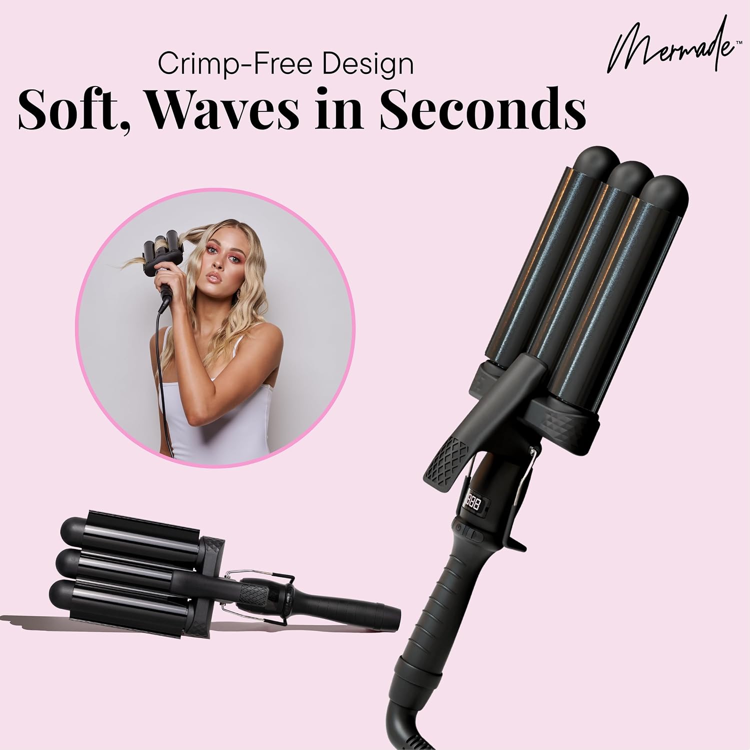 Mermade PRO Hair Waver 1.25" - 3 Barrel Curling Iron 1 1/4 Inch, Ceramic Barrel Waver Tool for Thick, Thin, Long, or Short Hair - 1.25", Black with Glove
