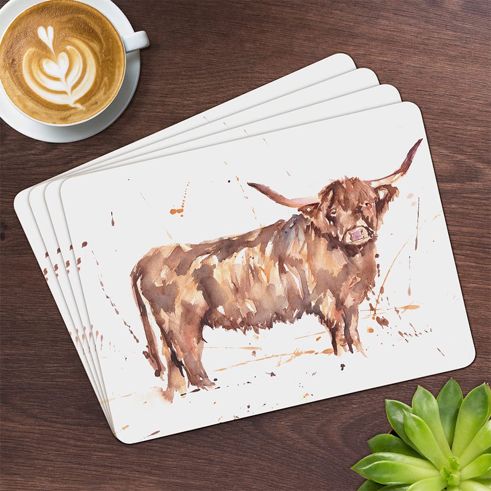 Leonardo Brown Set Of 4 The Country Life Highland Cow Design Placemats Water Coloured Inspired, 29Cm X 21.5Cm