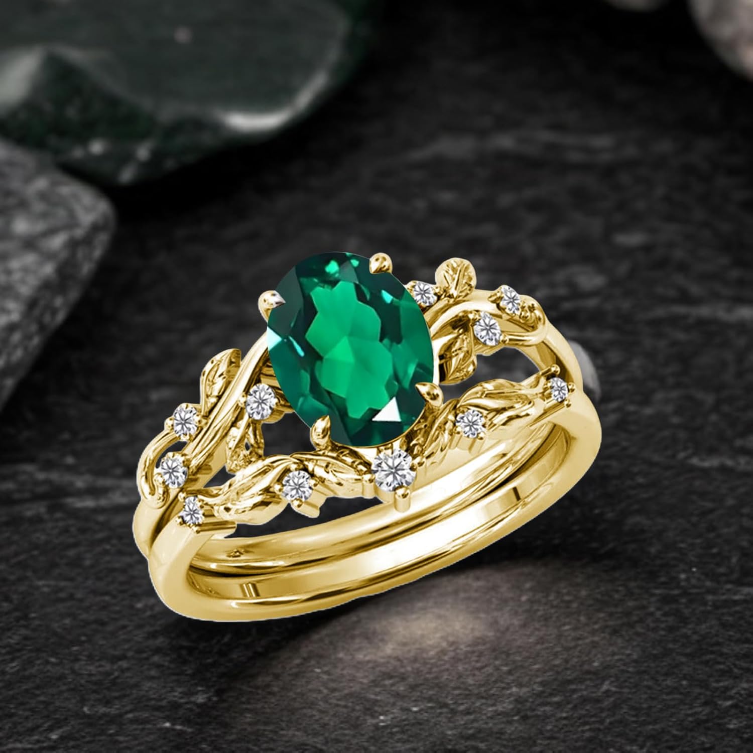 10K 14K 18K Solid Gold 2 Carat Oval Cut Gemstone Engagement Ring Set for Women Inspired Leaf Birthstone Ring with Moissanite Vintage Bridal Wedding Rings Set Anniversary Christmas Gift Size 4-15