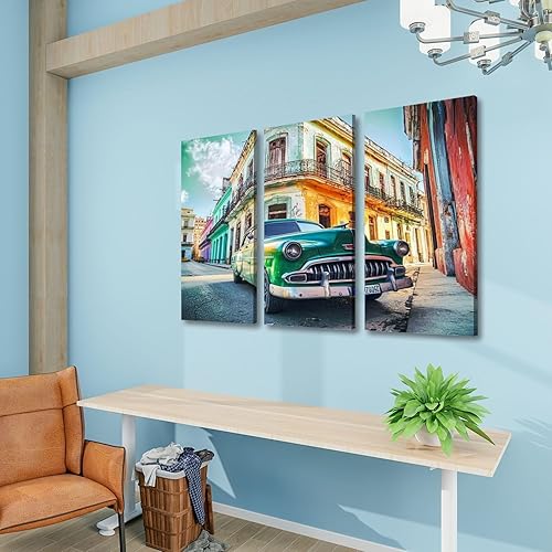 Miniatura 3 de 3 paneles de lienzo para pared, póster vintage con temporizador antiguo, conducción de coches, La Habana Vieja Cuba, impresión en lienzo, obras de