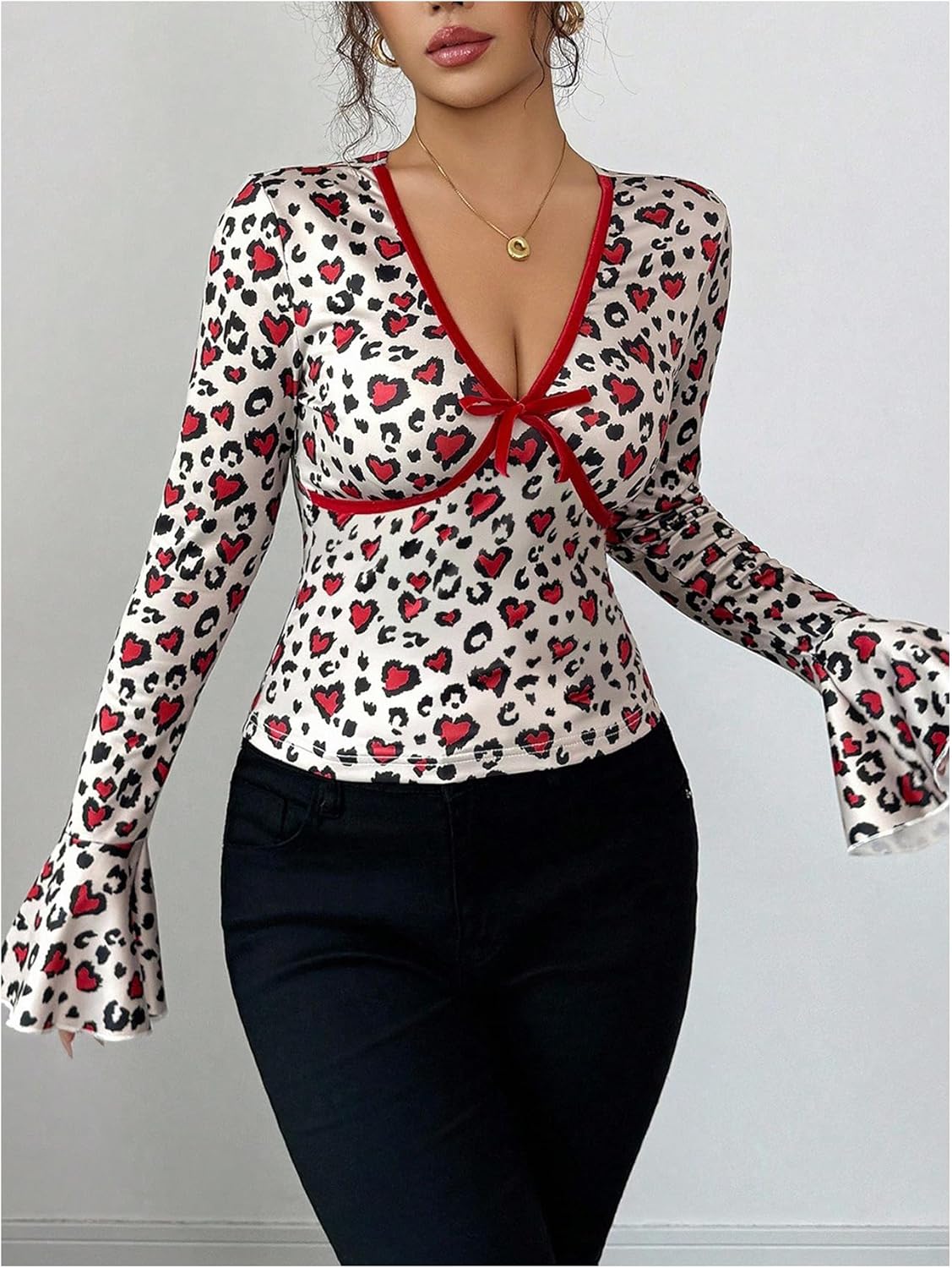 Floerns Women's Y2K Leopard Print Bell Long Sleeve T Shirt Tie Knot V Neck Fitted Tee Tops - Image 5