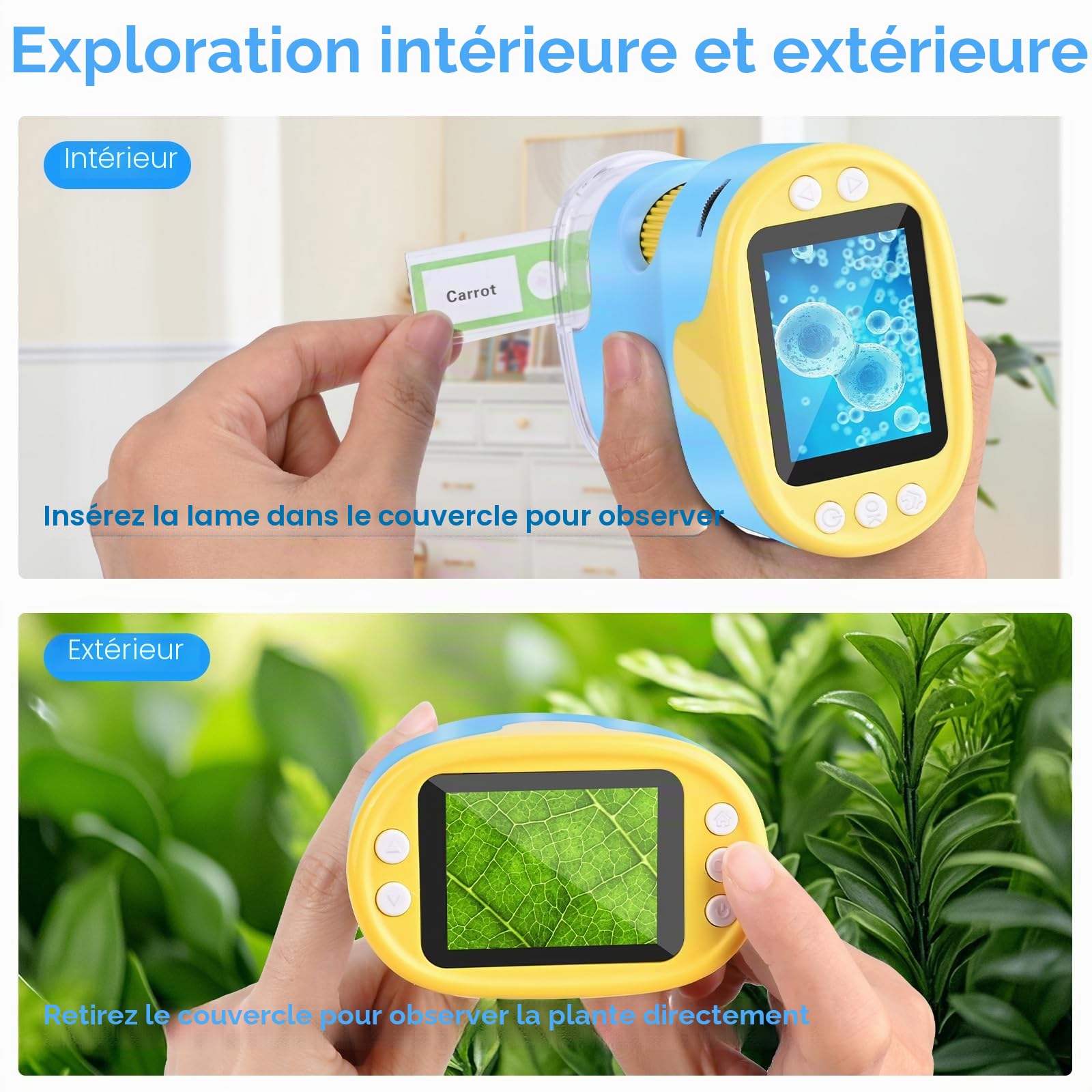 Microscope pour Enfants, Vankarr 1000X Mini Microscope numérique de Poche Portable avec Carte SD 32 Go, écran IPS 2 Pouces, échantillons, Cadeau pour Enfants et étudiants, Bleu